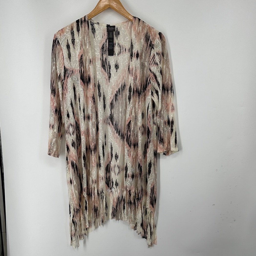 Chico's Travelers Collection Lace Fringed Cardigan in Peachy Pink and Black